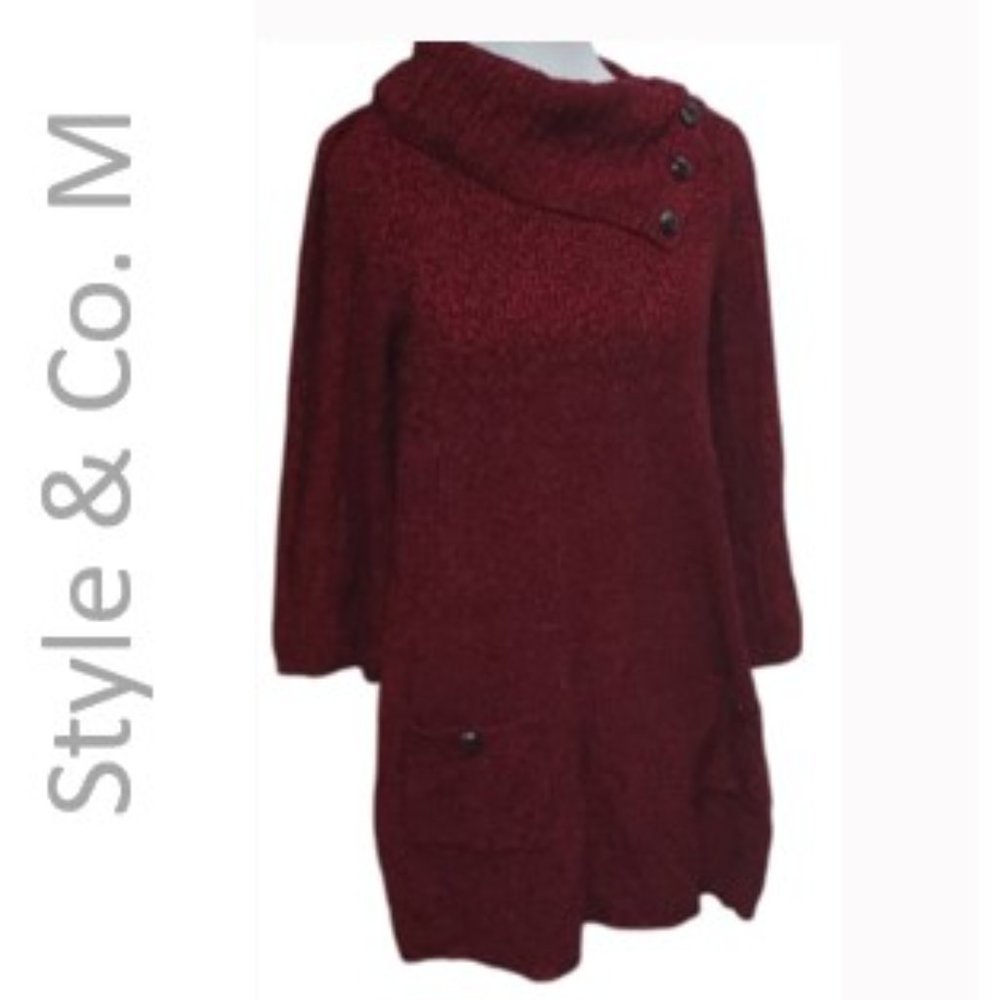 Style & Co Sweater Dress Pockets Marled Red Black Cowl Neck Cotton